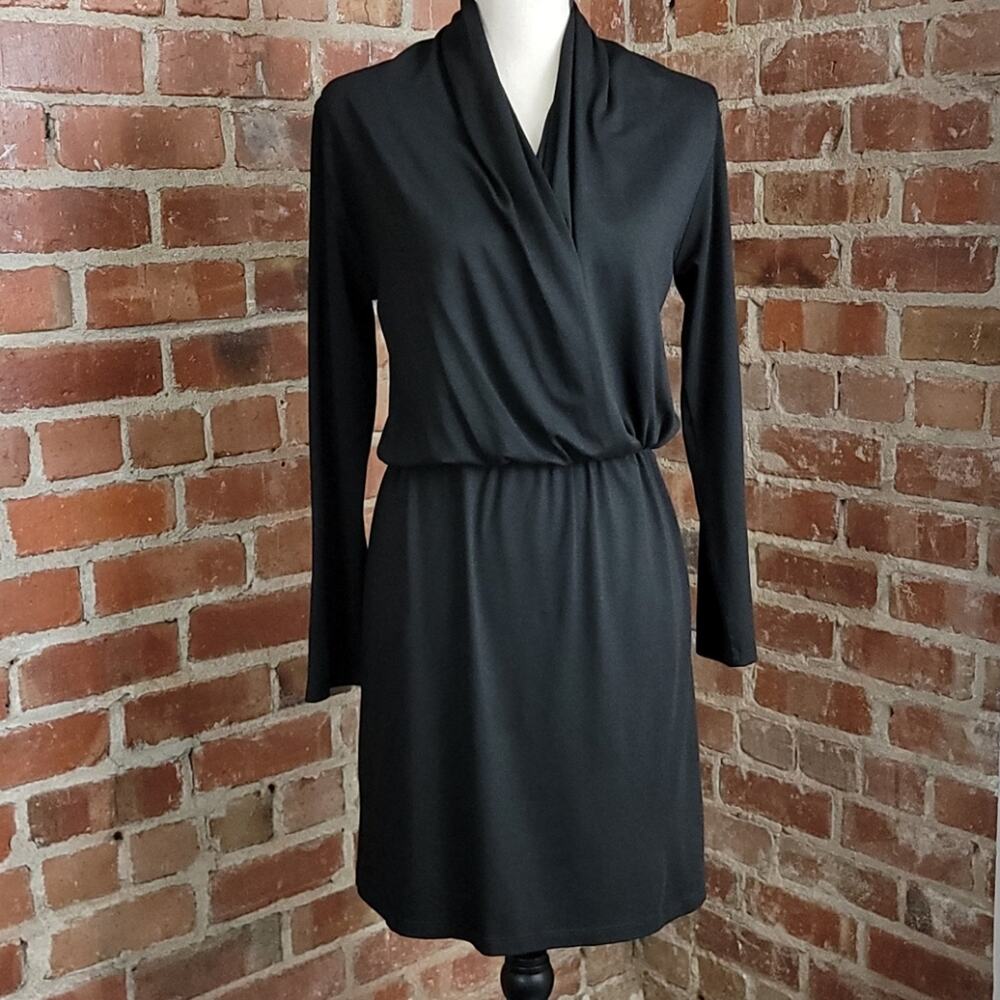 Sarah Liller Lola Dress Women Small Black Faux Wrap‎ Long Sleeve Midi Jersey NEW